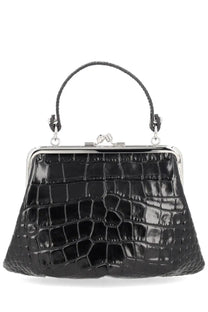 Vivienne Westwood women’s granny frame bag black crocodile-embossed patent leather clutch with silver frame and handle