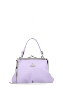 Lavender vivienne westwood womens granny frame bag with silver metal frame and chain strap in leather material