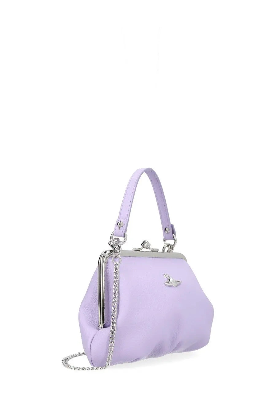 Lavender leather Vivienne Westwood women’s granny frame clutch bag with silver chain strap and clasp