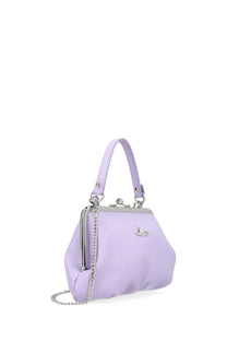 Lavender leather Vivienne Westwood women’s granny frame clutch bag with silver chain strap and clasp