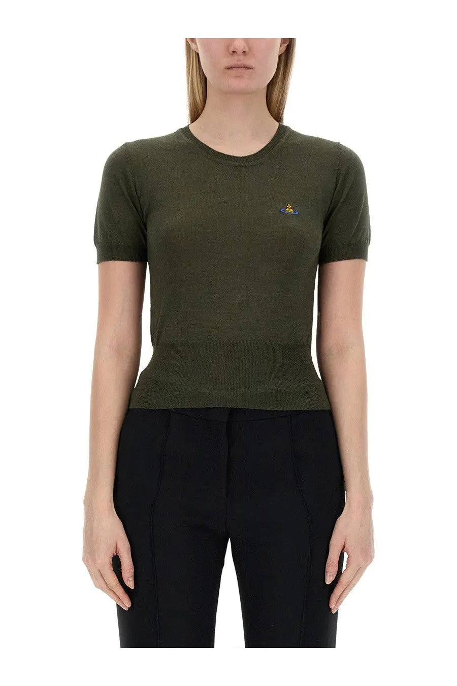 Olive green ribbed knit short-sleeved top with small embroidered logo on left chest by vivienne westwood women