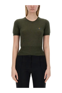 Olive green ribbed knit short-sleeved top with small embroidered logo on left chest by vivienne westwood women