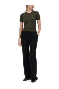 Olive green short-sleeved jersey top with small embroidered logo on chest by vivienne westwood women