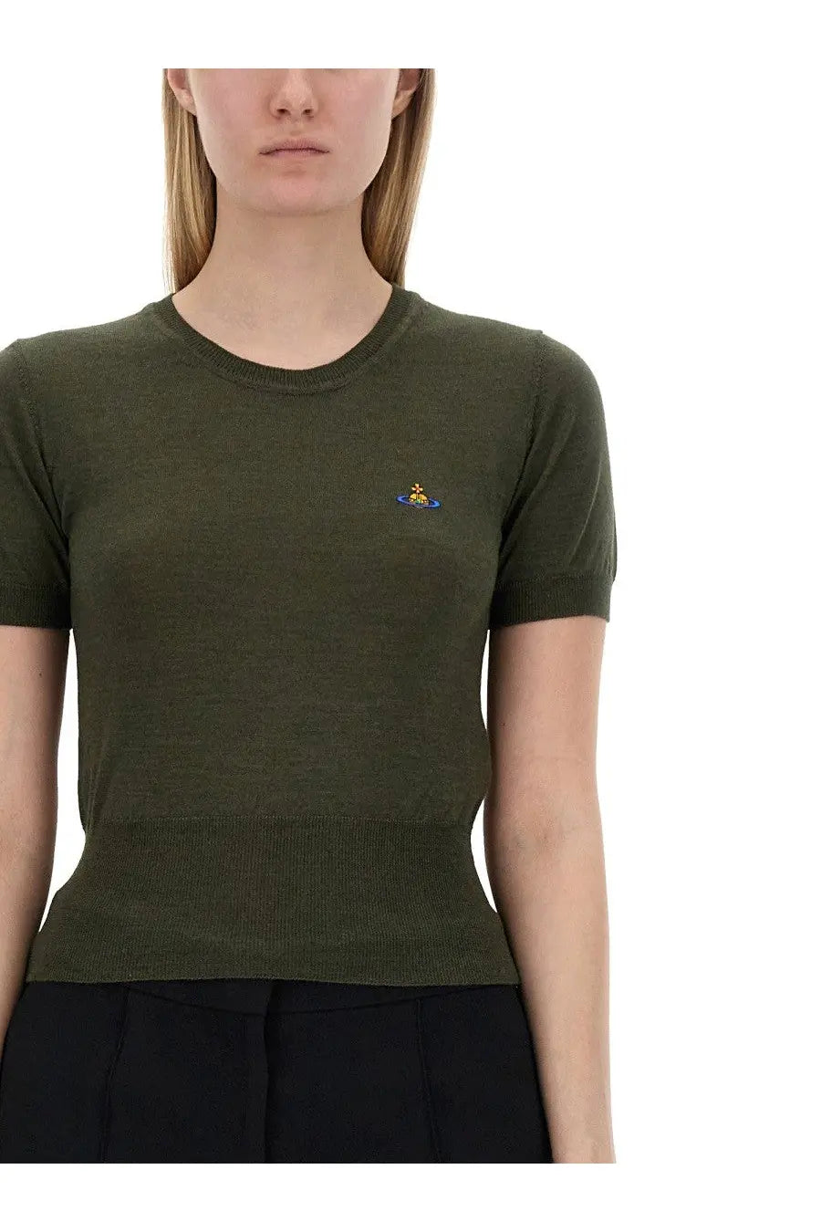 Vivienne Westwood women’s olive green short-sleeved knit top with ribbed hem and embroidered logo on left chest