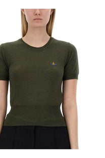 Vivienne Westwood women’s olive green short-sleeved knit top with ribbed hem and embroidered logo on left chest