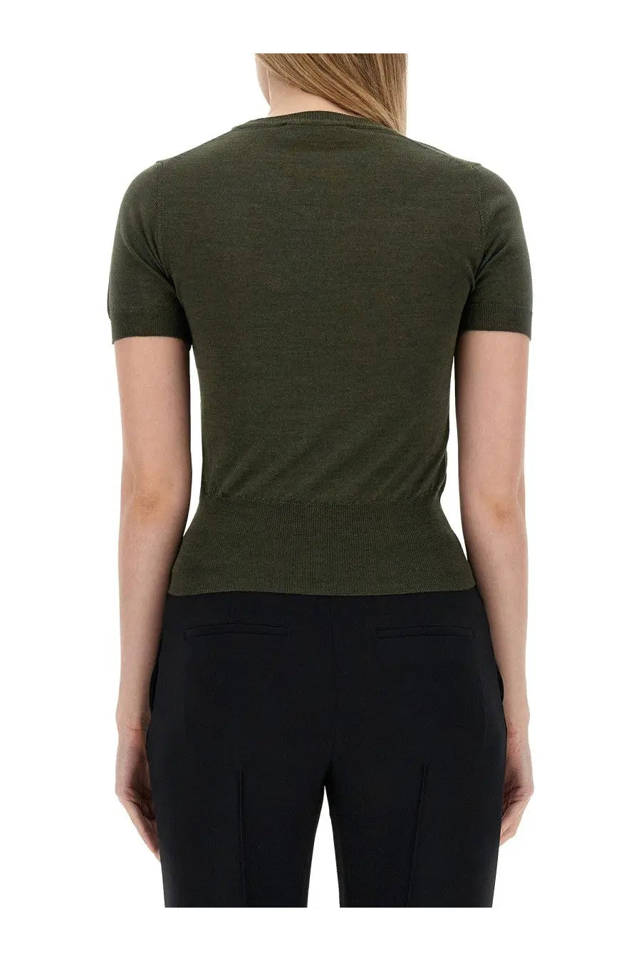 Vivienne Westwood women’s olive green short-sleeved knit top with ribbed waistband in jersey fabric