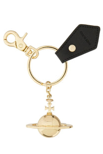 Vivienne Westwood women’s gold-plated keychain with Saturn orb charm, black leather tag, and gold-toned clasp