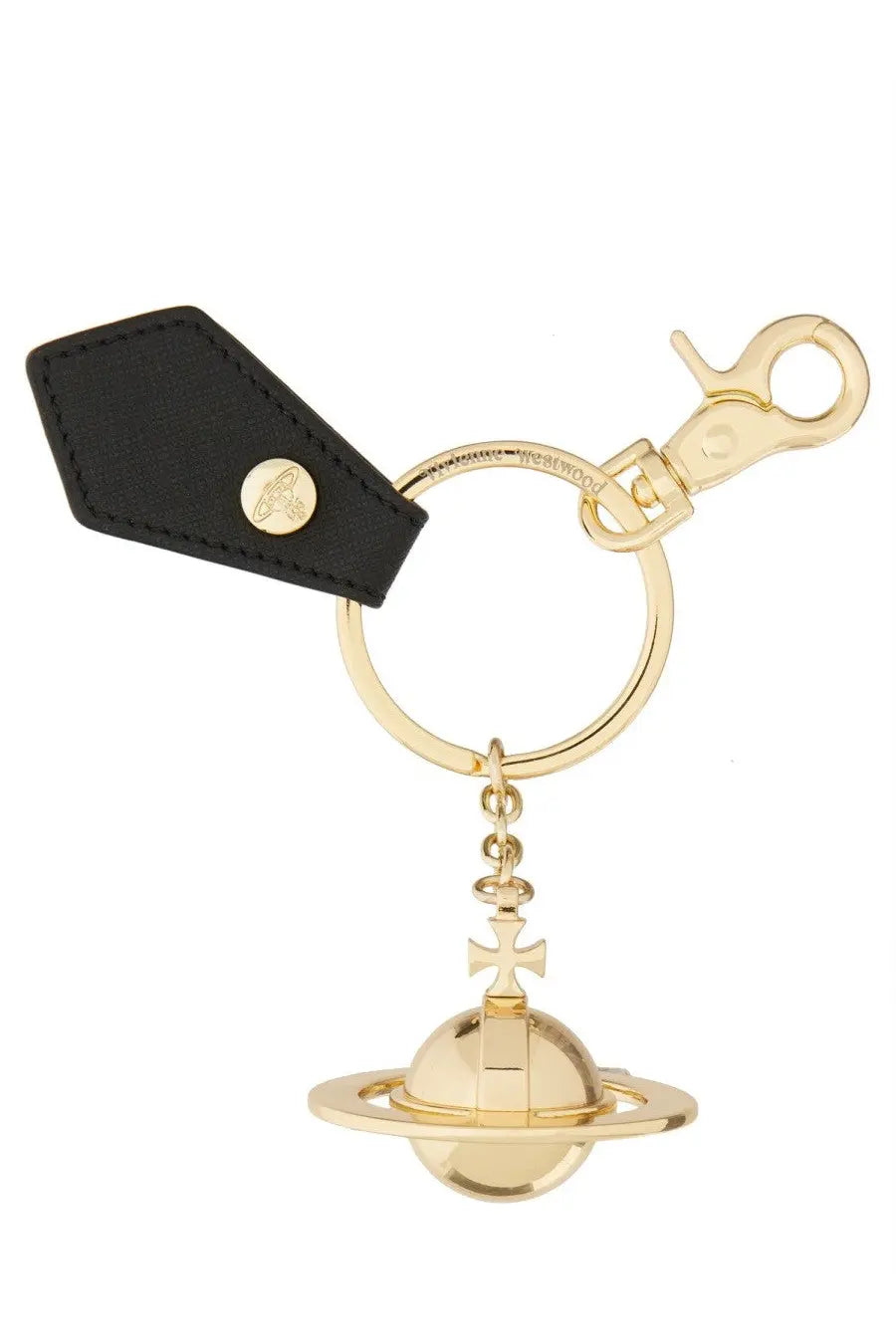 Vivienne Westwood women’s black leather keychain with gold-toned 3D orb planet and cross attached by gold button