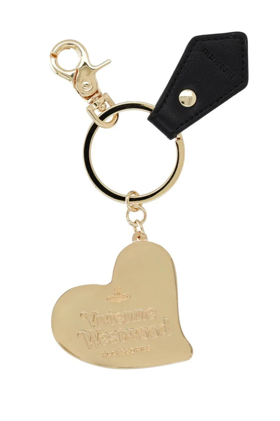 Gold-tone heart-shaped keychain with vivienne westwood engraving and black leather tag for women
