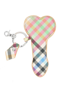 Pastel plaid heart-shaped keychain with matching tag and metallic clasp from Vivienne Westwood multicolor collection