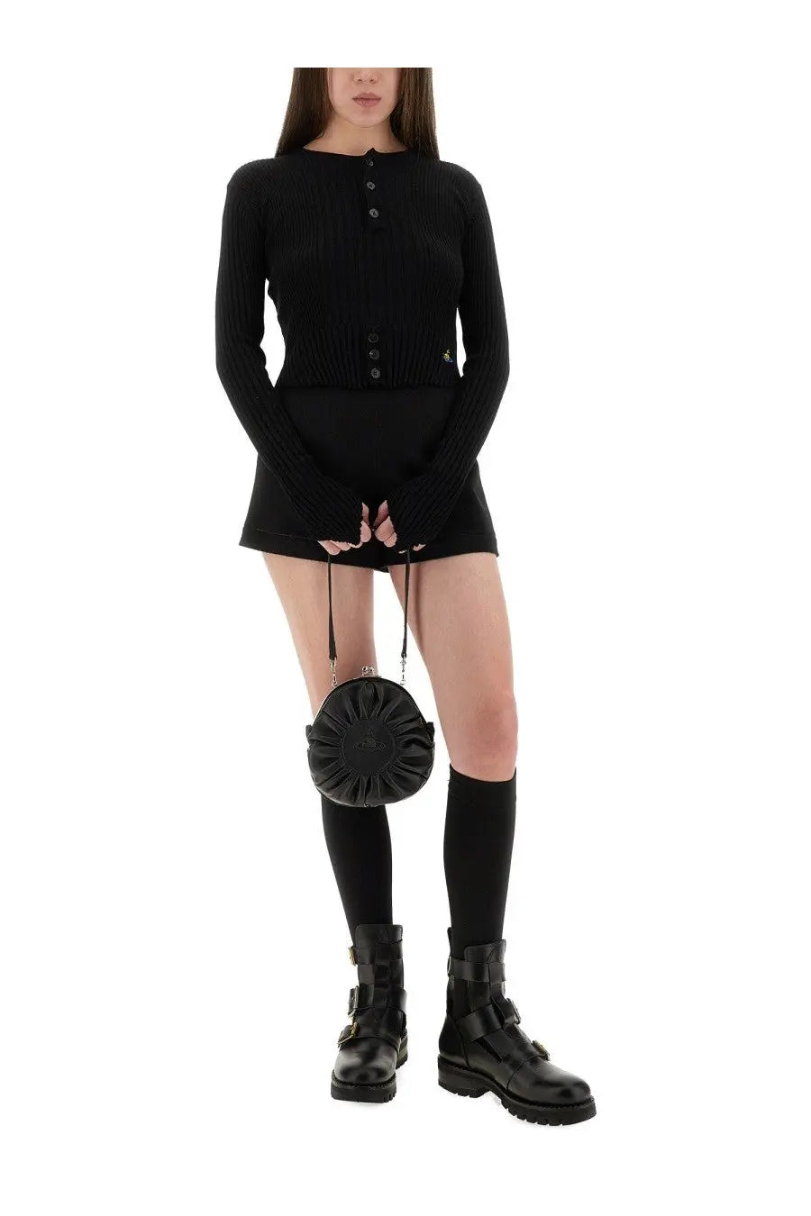 Black circular handbag with textured ruched surface and chain strap in vivienne westwood women’s knitted tops black product