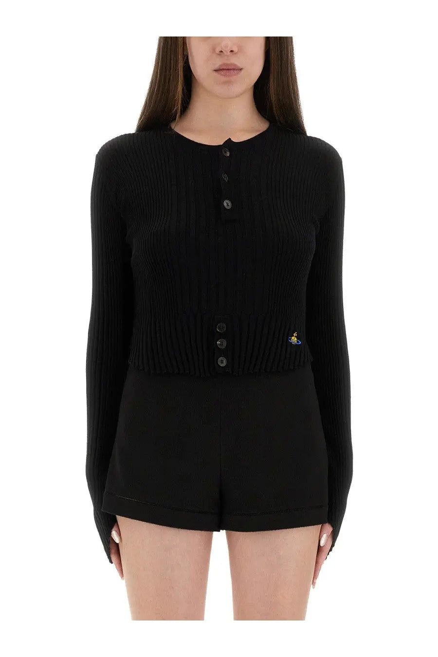 Vivienne westwood women’s black ribbed knit cardigan with button front and small embroidered logo on left side