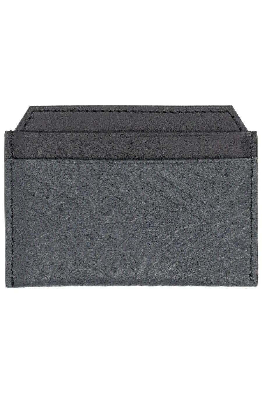 Vivienne Westwood women’s black leather card holder with embossed floral pattern and visible edge stitching