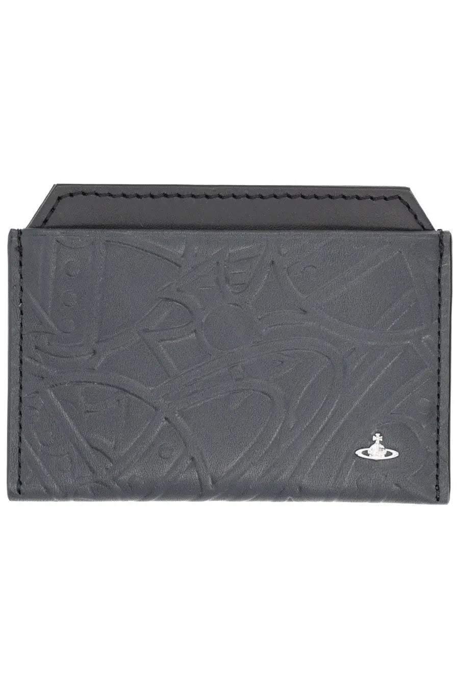 Dark gray leather card case with embossed abstract pattern and silver vivienne westwood logo for women