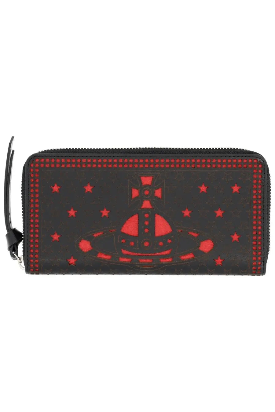 Vivienne Westwood women’s black leather zippered wallet with red star logo and textured surface