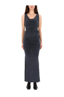 Vivienne Westwood women’s liz long dress in black features a sleeveless draped cowl neckline with ruched sides