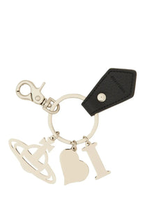 Vivienne Westwood women’s black leather keychain with silver planet charm heart i letter and brand tag