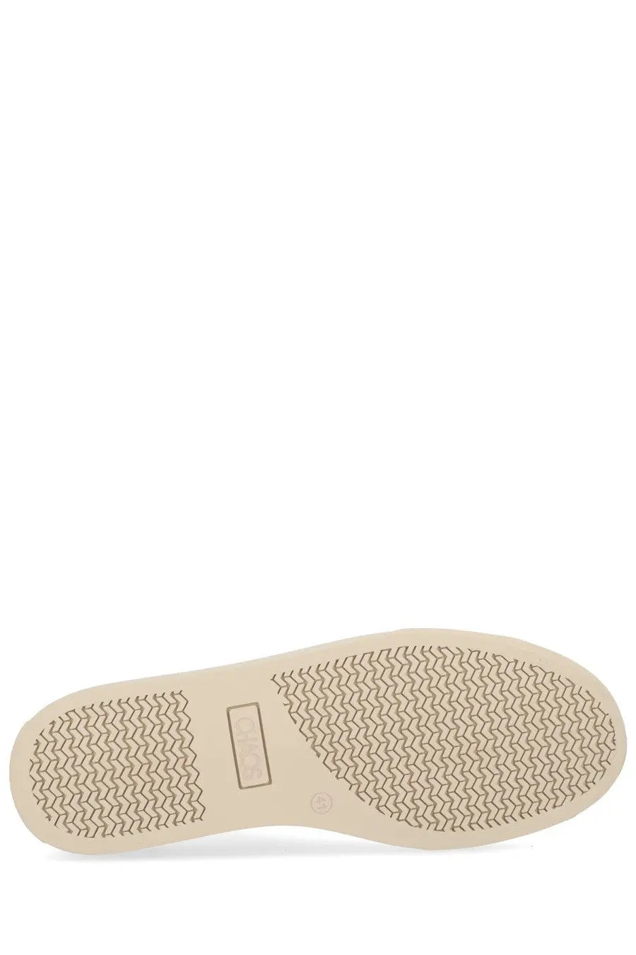 Beige rubber sole with textured zigzag pattern and small rectangular label on vivienne westwood women’s white low top plimsoll sneaker