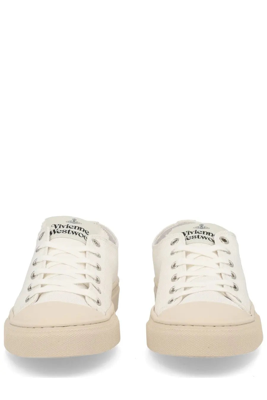 Vivienne Westwood women’s low top plimsoll sneaker white canvas with beige rubber sole and silver eyelets logo tongue