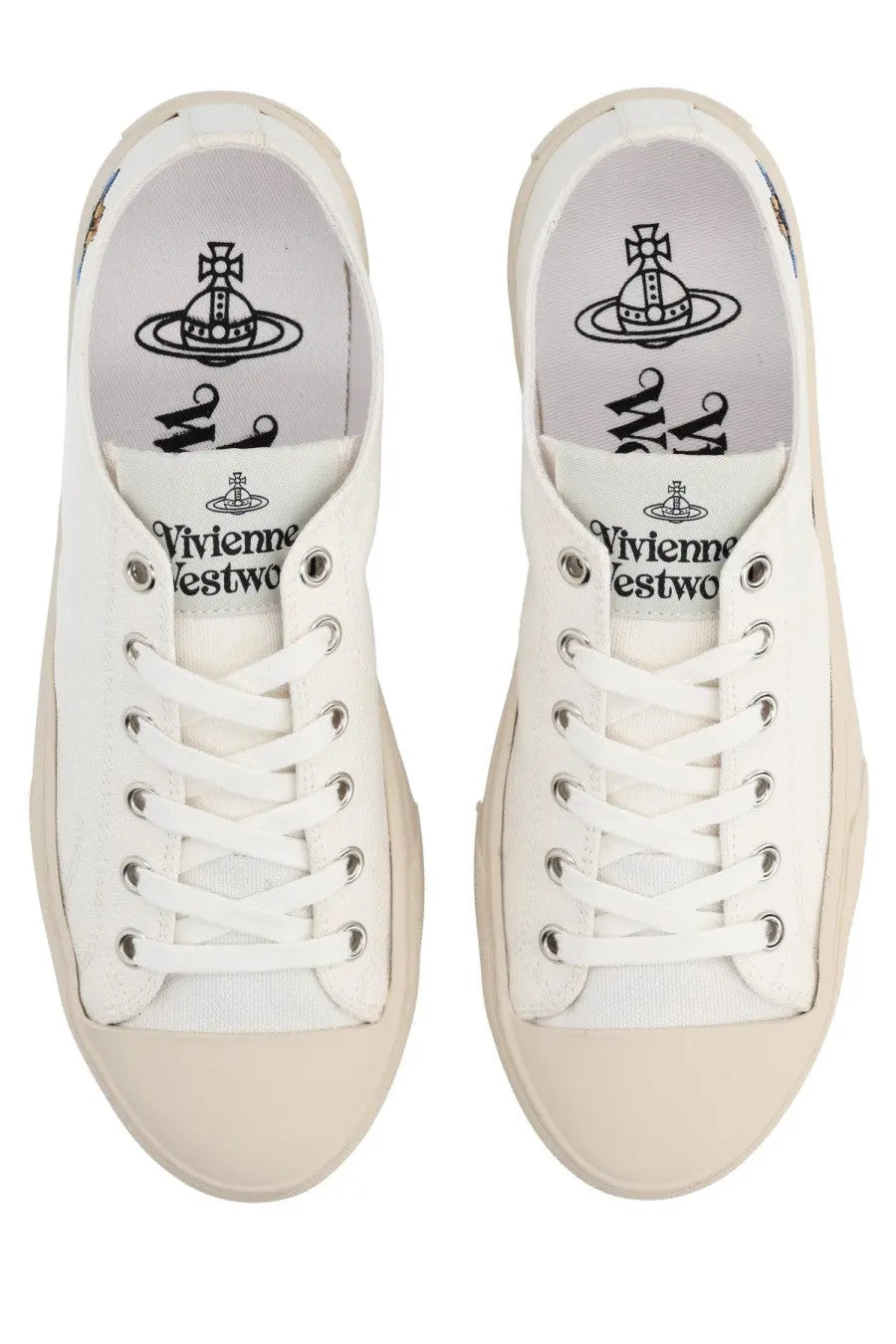 Vivienne Westwood women’s low top plimsoll sneaker white canvas with beige rubber soles and silver eyelets visible logo insole