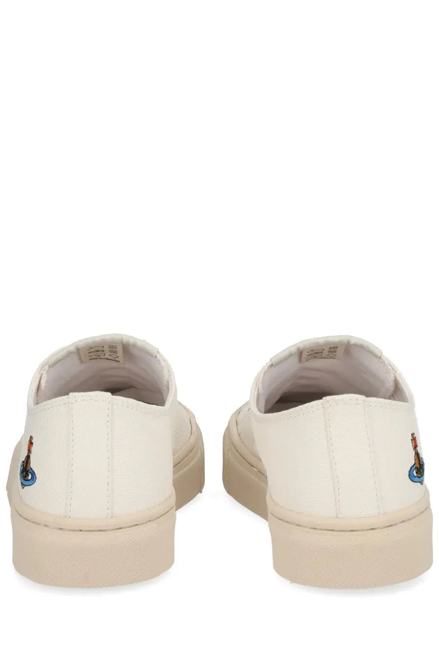 Vivienne westwood women’s low top plimsoll sneaker white canvas slip-on with beige rubber sole and embroidered logo on heel back side