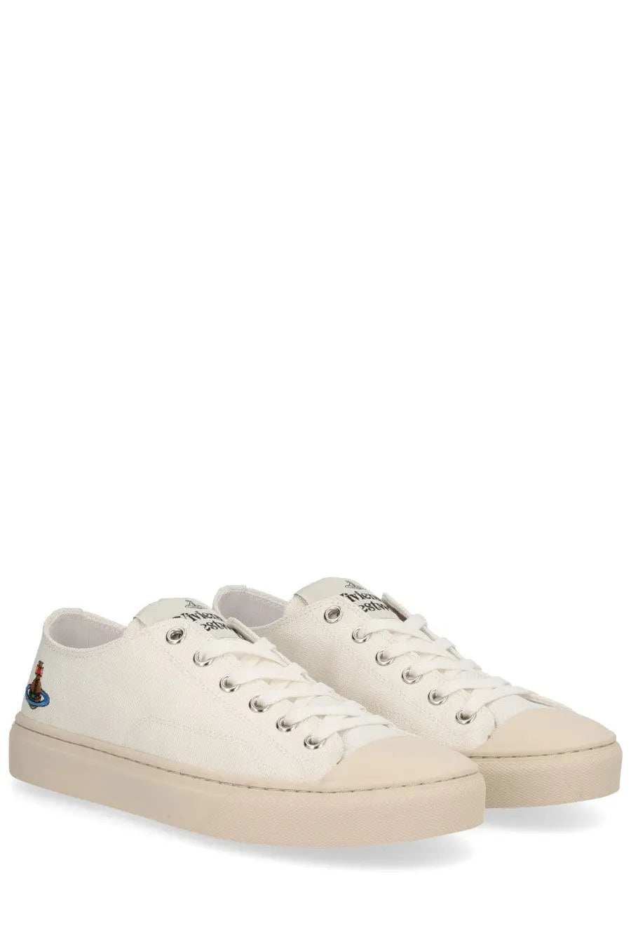 Vivienne westwood women’s low top plimsoll sneaker white cream canvas with subtle embroidered logo and matching rubber soles