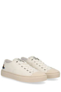 Vivienne westwood women’s low top plimsoll sneaker white cream canvas with subtle embroidered logo and matching rubber soles