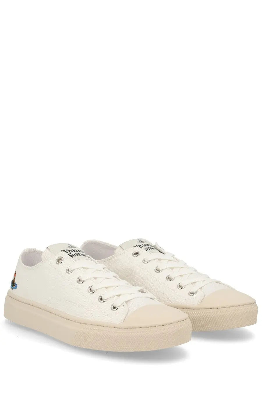 Vivienne Westwood women’s low top plimsoll sneaker in cream canvas with white laces and logo embroidered tongue