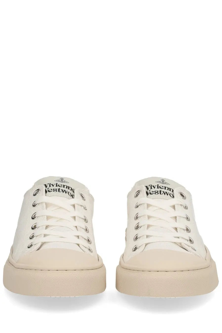 Vivienne Westwood women’s low top plimsoll sneaker in cream canvas with white laces and logo on the tongue