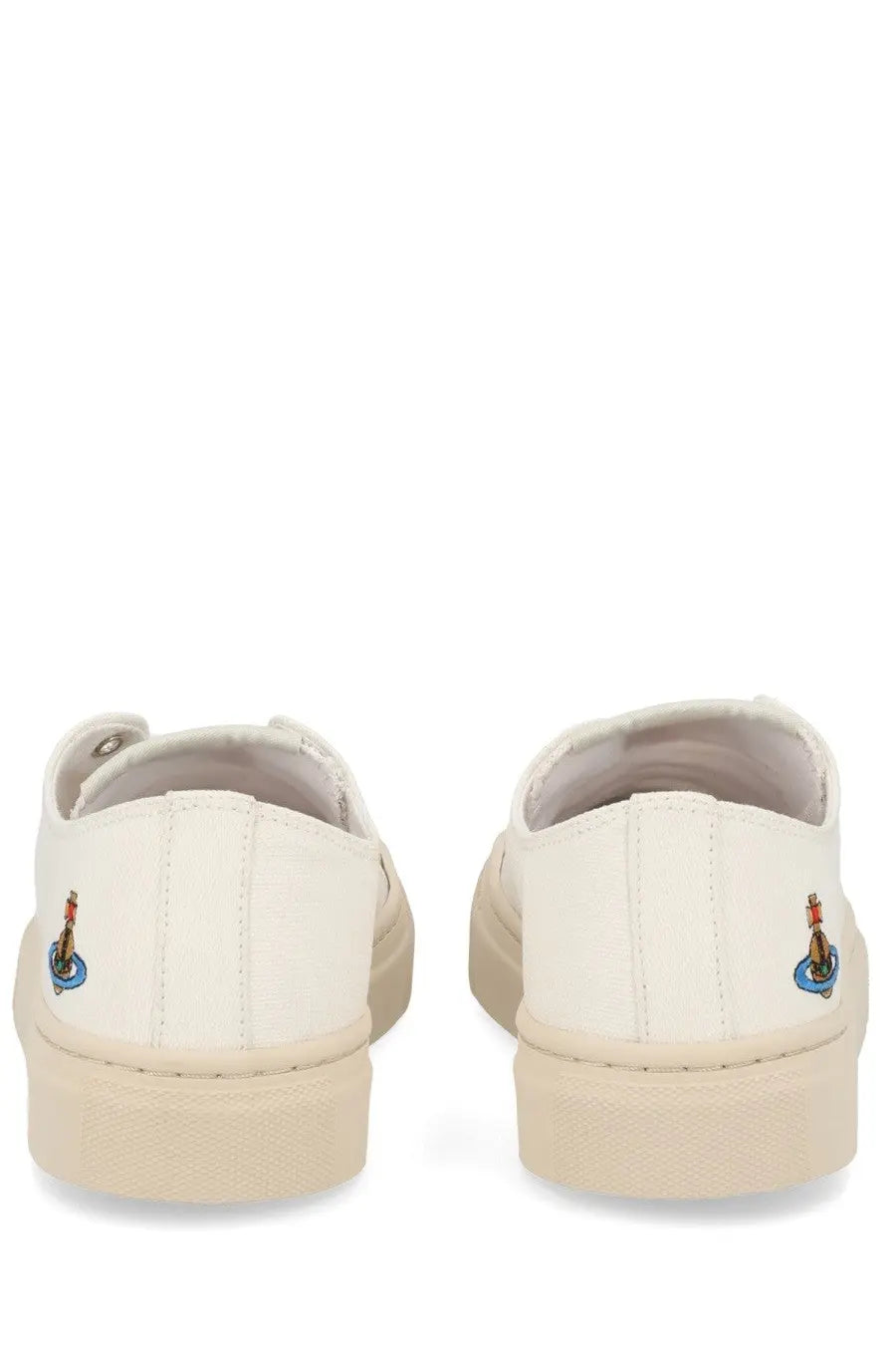 Back view of vivienne westwood women’s low top plimsoll sneaker in white leather with beige sole and embroidered logo