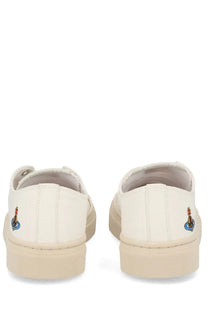 Back view of vivienne westwood women’s low top plimsoll sneaker in white leather with beige sole and embroidered logo