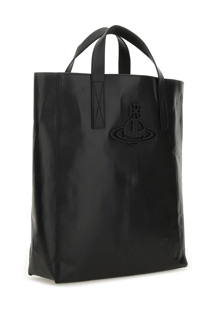 Black glossy vinyl vivienne westwood medium sarah tote bag with embossed logo and stitched handles for women