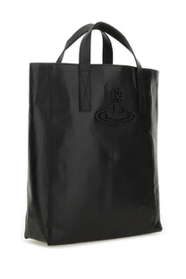Black glossy vinyl vivienne westwood medium sarah tote bag with embossed logo and stitched handles for women