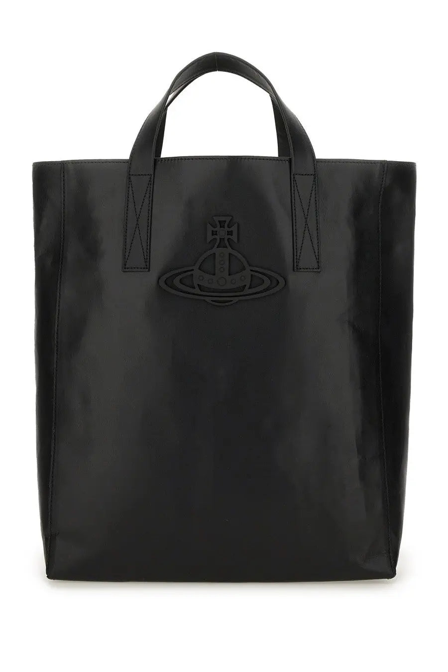 Black glossy vinyl vivienne westwood medium sarah tote bag with embossed logo and stitched handles