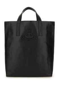 Black glossy vinyl vivienne westwood medium sarah tote bag with embossed logo and stitched handles