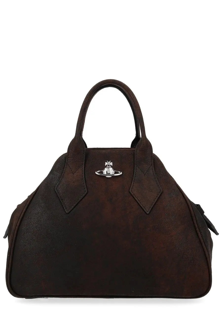 Brown leather vivienne westwood women’s medium yasmine bag featuring a silver orb logo emblem