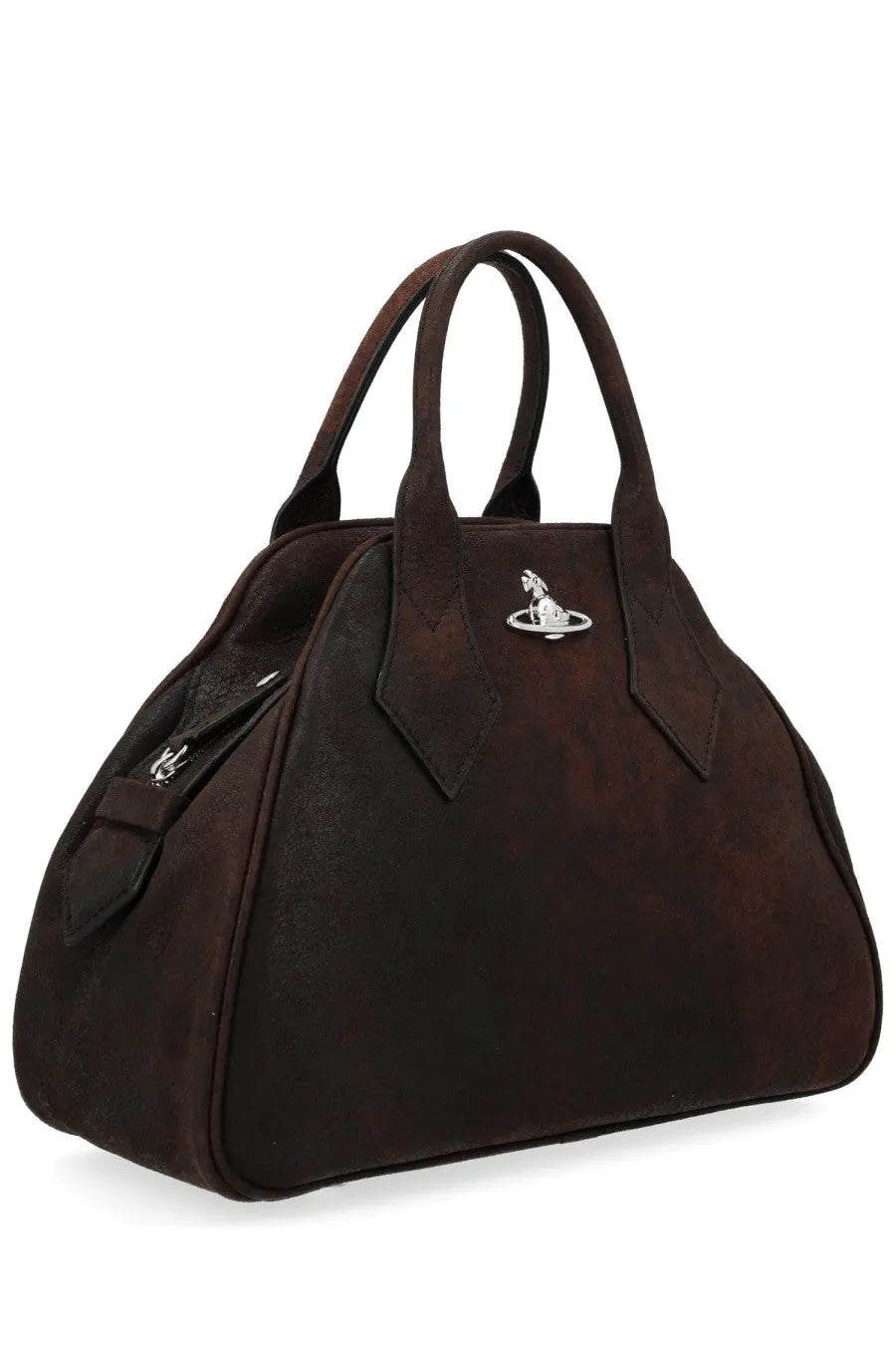 Vivienne Westwood women’s medium Yasmine bag brown suede with silver orb logo emblem on front