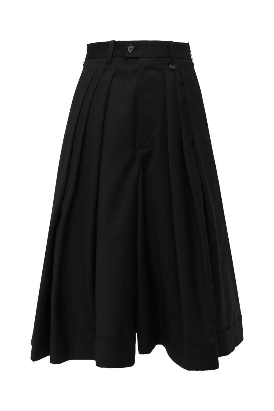 Vivienne Westwood womens black pleated midi skirt culottes with structured waistband and button closure