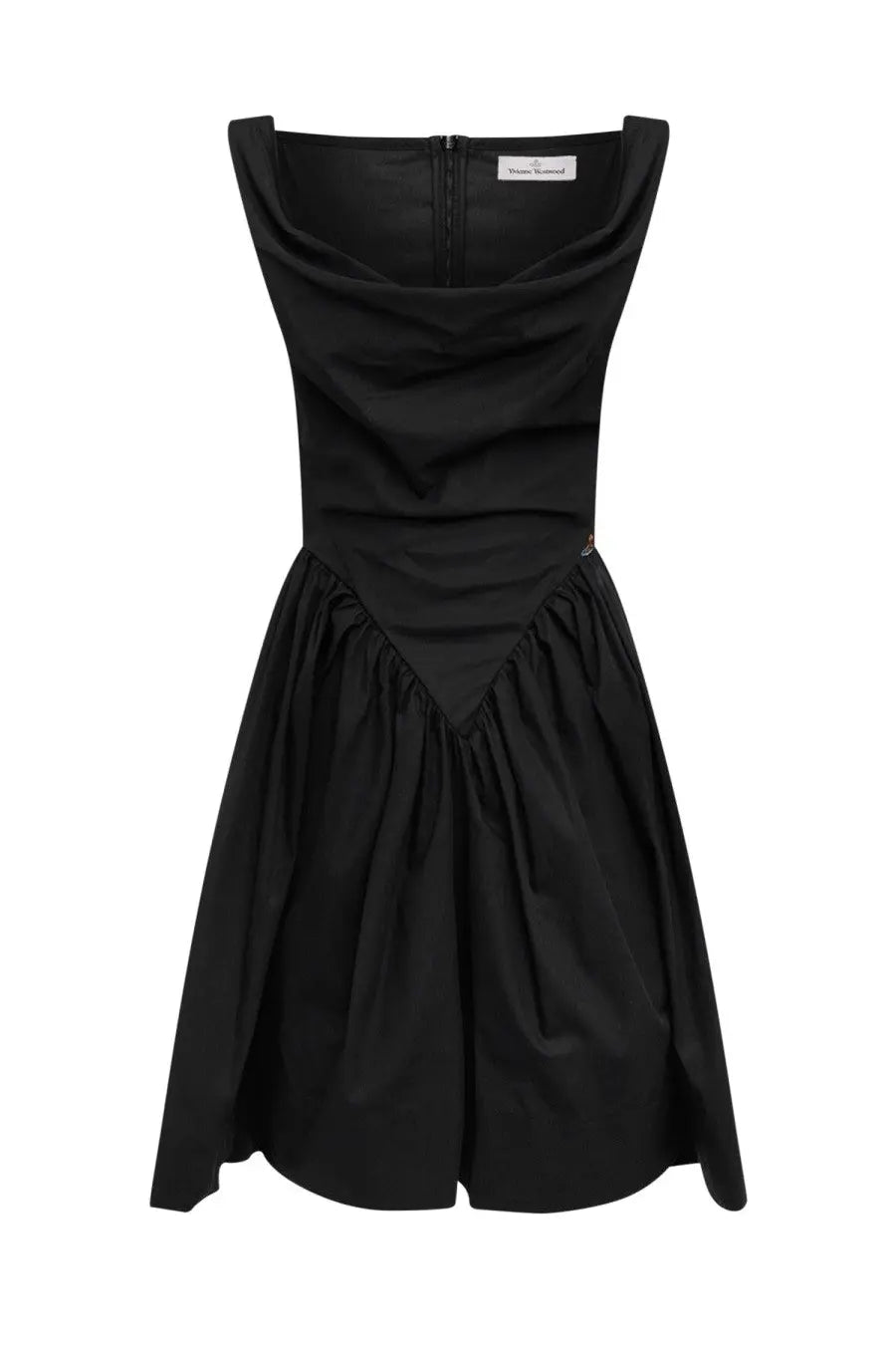 Vivienne Westwood women’s mini dress Sunday black satin with sleeveless draped neckline and flared skirt