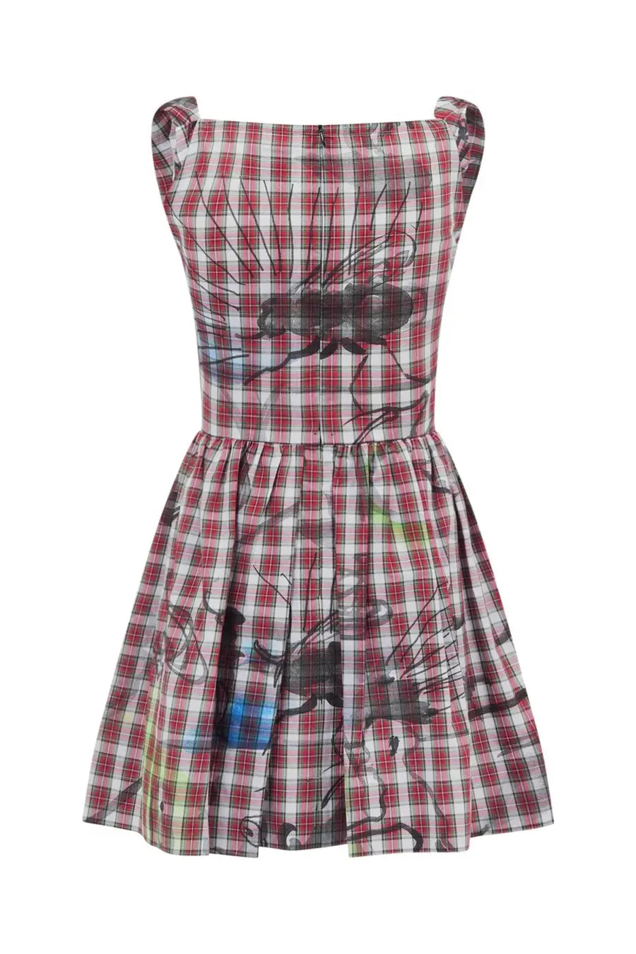 Vivienne Westwood women’s sleeveless pleated mini dress in red white plaid with black insect illustrations