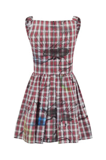 Vivienne Westwood women’s sleeveless pleated mini dress in red white plaid with black insect illustrations