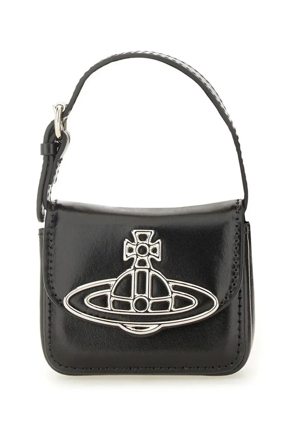 Vivienne Westwood women’s black leather mini handbag with a silver-toned orb logo emblem front detail