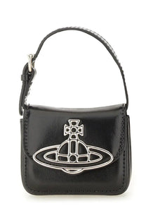 Vivienne Westwood women’s black leather mini handbag with a silver-toned orb logo emblem front detail