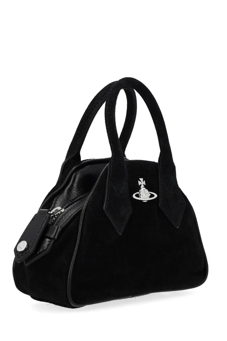 Vivienne Westwood women’s mini Yasmine bag in black velvet with silver orb logo emblem and matching leather handles