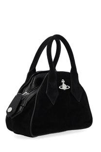 Vivienne Westwood women’s mini Yasmine bag in black velvet with silver orb logo emblem and matching leather handles