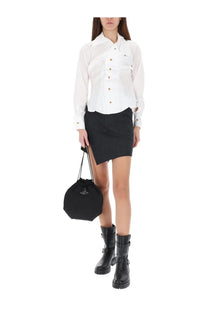 Black drawstring bag with circular logo on front paired with Vivienne Westwood women’s miniskirt infinity grey