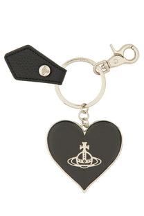 Vivienne westwood women’s mirror heart keychain black with black leather tag and silver-toned orbital logo clasp