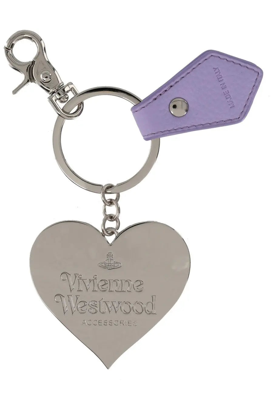 Silver heart-shaped vivienne westwood keychain with engraved logo and lavender leather tag in purple tone