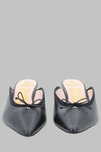 Vivienne Westwood women’s black leather mules with pointed toe and small bow at the front