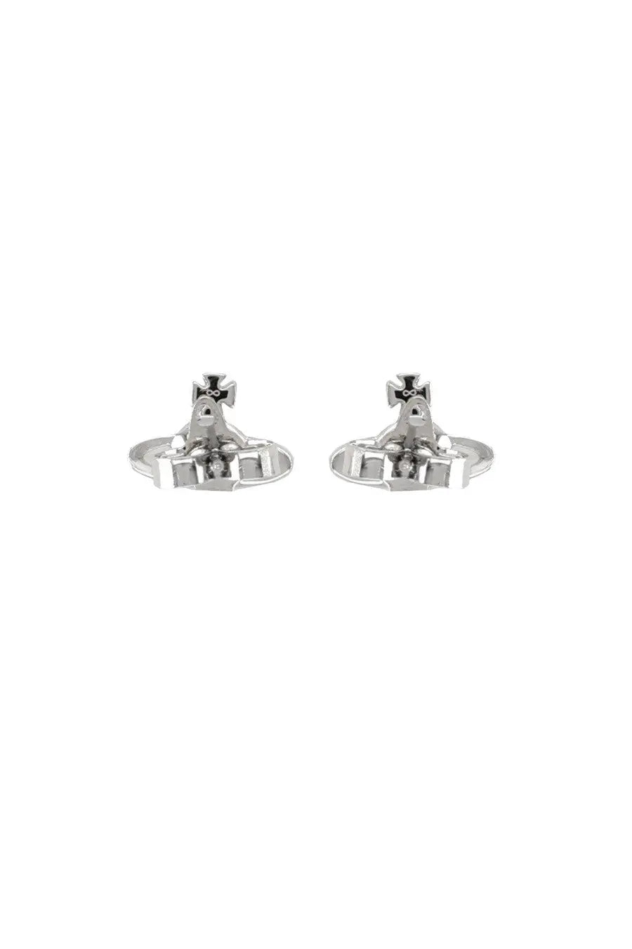 Silver metallic vivienne westwood women’s nano solitaire earrings with distinctive cross-shaped design and black detailing